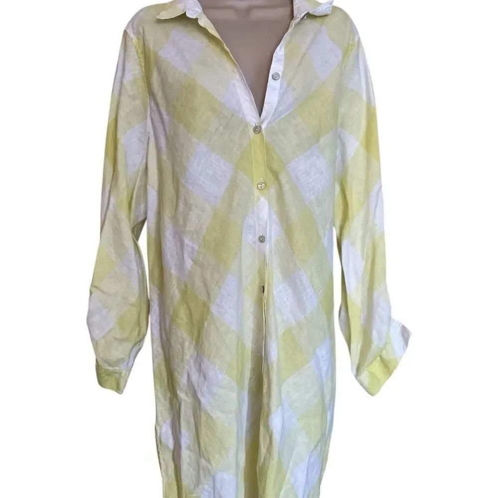 Yellow and White Plaid Button-Up Shirt Dress long sleeves buttons sleeve sz3